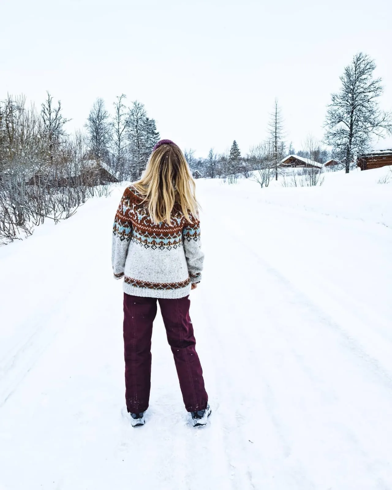 Den samme veien, sett bakfra. Mønsteret på ryggen av genseren kommer fram, og det er snø i alle retninger.